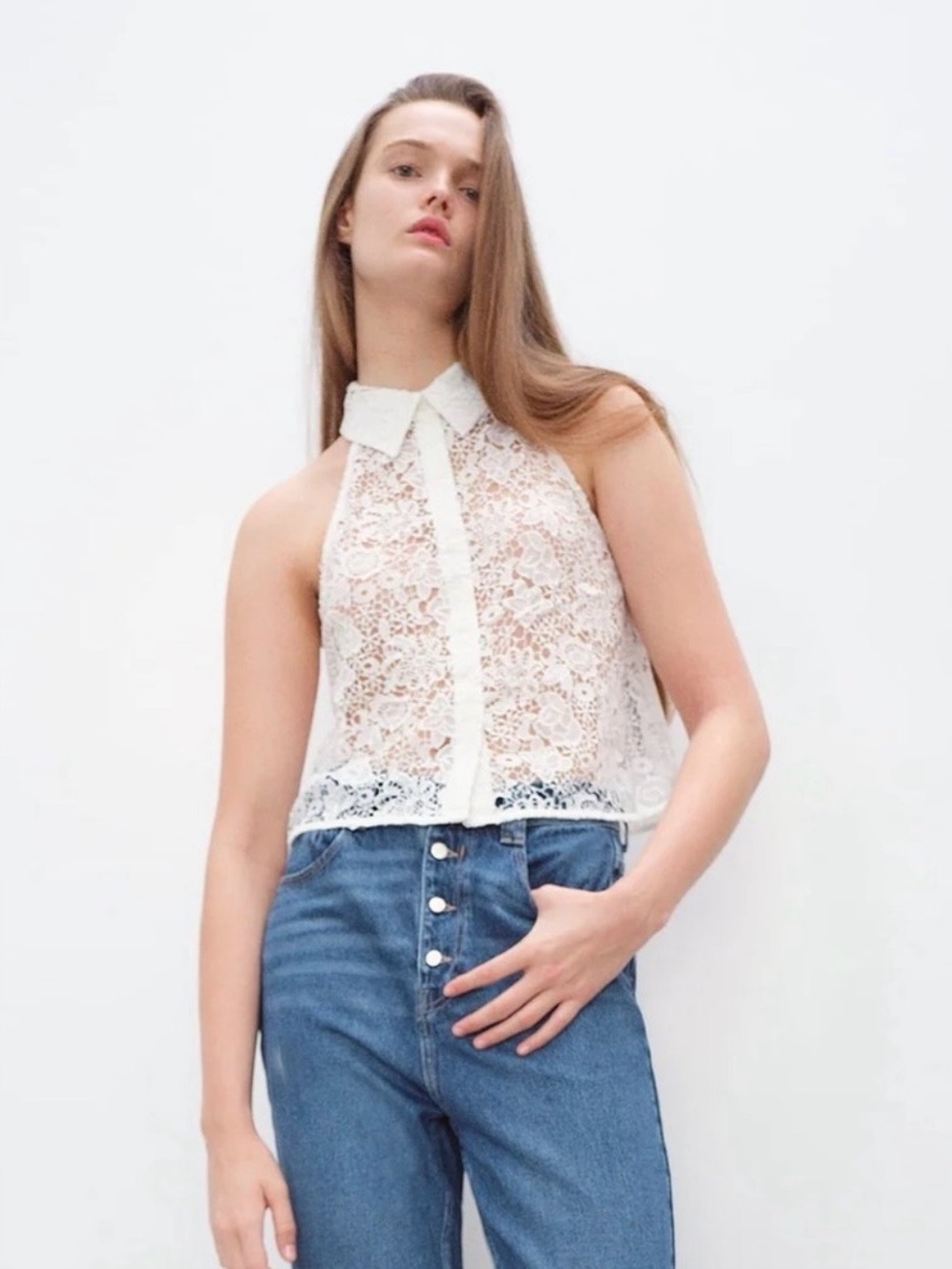 Zara Collared Crochet Top—Sz. M, Button Down, Halter Cut, Waist Length - Picture 2 of 13